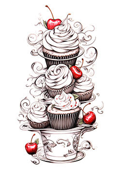 Tattoo template of a tower of cupcakes with cherries and swirls