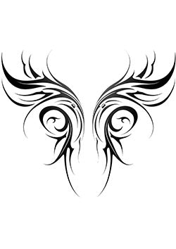 Tattoo template of a symmetrical tribal design with abstract wings and intricate lines