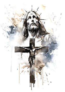 Tattoo template of a serene Jesus Christ looking upwards with crucifixion overlay