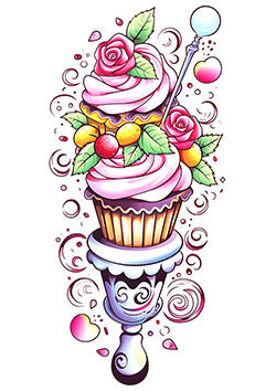 Tattoo template of a whimsical cupcake adorned with pink roses and colorful fruits, captured in an elegant and intricate design