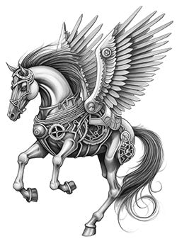 Tattoo template of a mechanical pegasus with gears and robotic wings