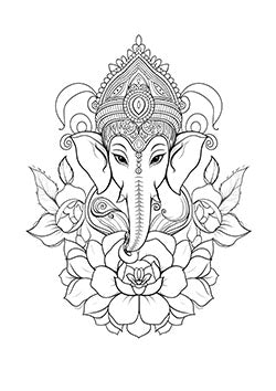 Tattoo template of a detailed elephant deity with ornate headgear and flowers.