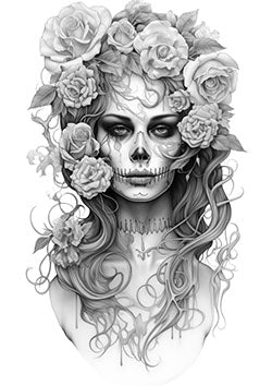 Tattoo template of a woman with a sugar skull face, intertwined with roses and flowing hair