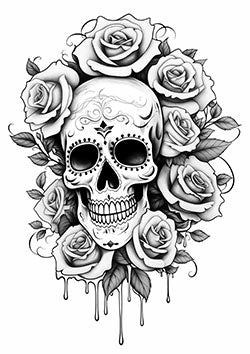 Tattoo template of a sugar skull with roses and dripping accents