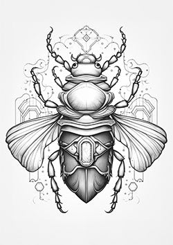 Tattoo template of a futuristic scarab beetle with geometric patterns