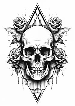 Tattoo template of a skull with roses and geometric shapes