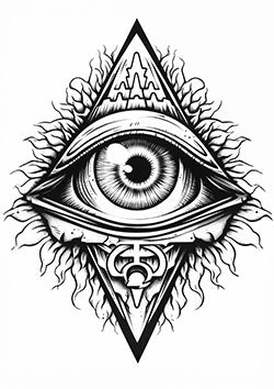 Tattoo template of an all-seeing eye within a triangle surrounded by flames and geometric shapes for illumination