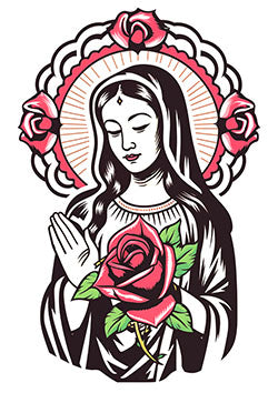 Tattoo template of a serene woman in prayer, surrounded by roses and a halo, holding a blooming rose in her hands