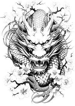 Tattoo template of a dragon with cherry blossoms