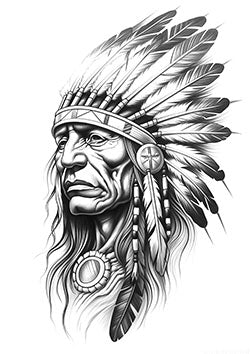 Tattoo template of a Native American chief with a feathered headdress, symbolizing wisdom and strength