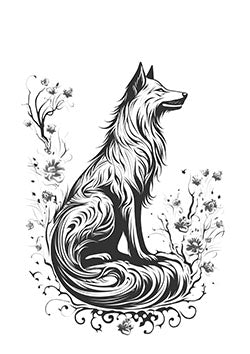 Tattoo template of a wolf with floral elements