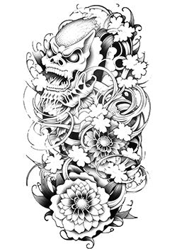 Tattoo template of a Japanese oni demon with floral patterns