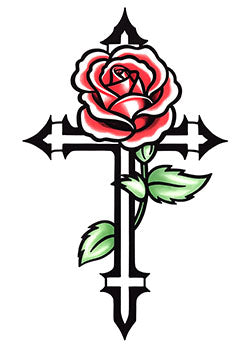 Tattoo template of a red rose intertwined with a black Gothic cross, symbolizing love and faith.