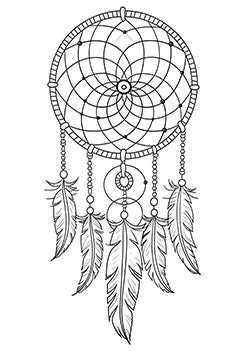 Tattoo template of a dreamcatcher with intricate webbing and feathers