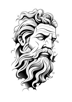 Tattoo template of a stoic Greek god Zeus with flowing beard