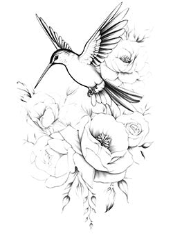 Tattoo template of a hummingbird among blooming roses with delicate beauty and tranquility