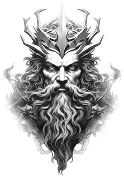 Tattoo template of a bearded king with an antler crown, symbolizing wisdom and strength