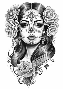 Tattoo template of a woman's face with sugar skull makeup and roses symbolizing beauty and remembrance.