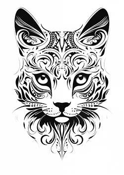 Tattoo template of a tribal-patterned cat's face