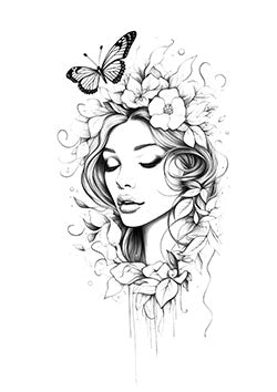 Tattoo template of a serene woman with flowers and a butterfly