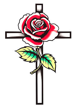 Tattoo template of a red rose entwined with a black cross, symbolizing love and faith.