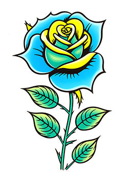 Tattoo template of a blue and yellow rose with green leaves in bold colors