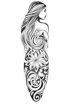 Tattoo template of a stylized woman with floral patterns