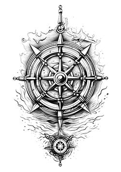 Tattoo template of a nautical ship's wheel with ocean waves