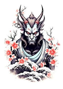 Tattoo template of an oni demon with cherry blossoms