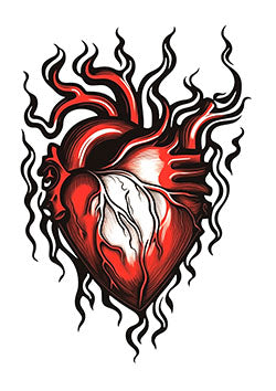 Tattoo template of a flaming anatomical heart with black and red colors