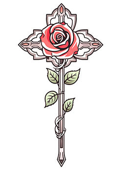 Tattoo template of a rose intertwined with a cross, representation of harmony and spirituality