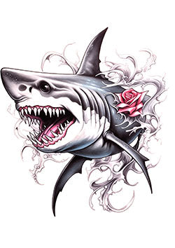 Tattoo template of a fierce shark with a rose on its back amidst waves.