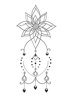 Tattoo template of a symmetrical lotus flower with intricate dangling patterns.