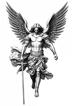 Tattoo template of a powerful archangel with large wings and sword