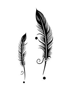 Tattoo template of two intricately detailed feathers with artistic swirls