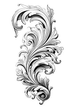 Tattoo template of a detailed swirling pattern with leaves and elegant curves