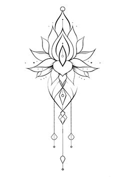 Tattoo template of a symmetrical lotus with geometric accents and hanging ornaments reflecting purity and balance