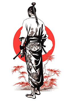 Tattoo template of a contemplative samurai with sunrise background