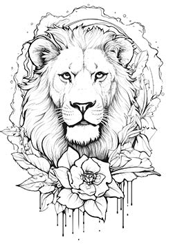 Tattoo template of a detailed lion amidst flowers