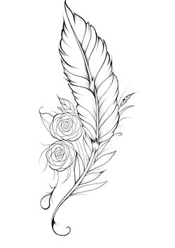 Tattoo template of a stylized feather with entwined roses