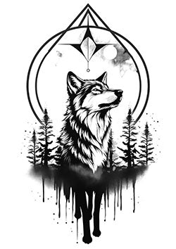 Tattoo template of a wolf with geometric and nature elements