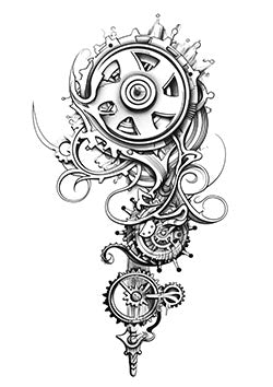 Tattoo template of a steampunk gear mechanism with intricate cogs and swirling designs