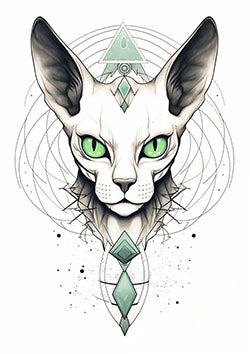 Tattoo template of a mystical cat with green eyes and geometric shapes