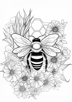 Tattoo template of a bee on flowers with hexagonal patterns