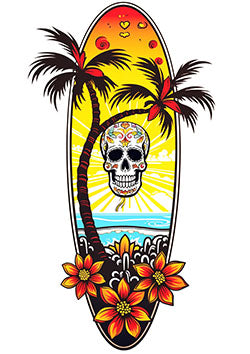 Tattoo template of a colorful sugar skull on a surfboard with a sunset, beach, palm trees, and flowers.