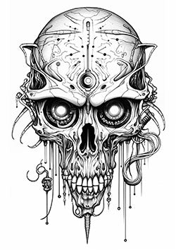 Tattoo template of a biomechanical skull with futuristic and intricate mechanical elements