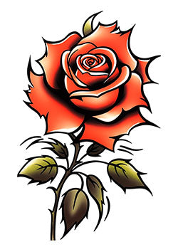 Tattoo template of a red rose with leaves in traditional style