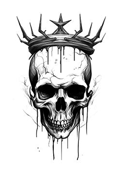 Tattoo template of a haunting skull with a thorny crown and dripping black ink, symbolizing life's fragility and decay.