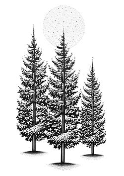 Tattoo template of stylized pine trees and dotted moon