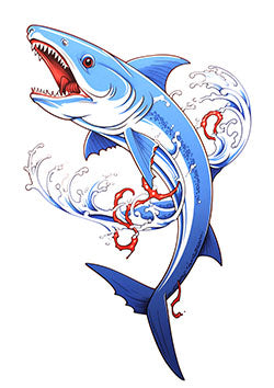 Tattoo template of a dynamic and fierce shark breaching the water with splashes.